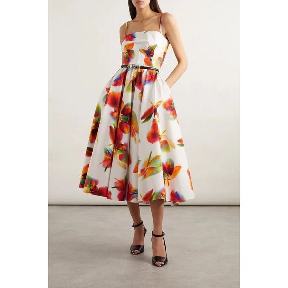 NWT Alexander McQueen Orchid Print A-Line Midi Dress Tropical White Red Size 2 $